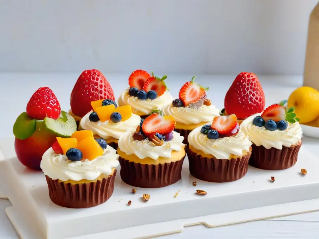 Un festín visual de cupcakes saludables y creativos para niños, con frutas frescas y semillas