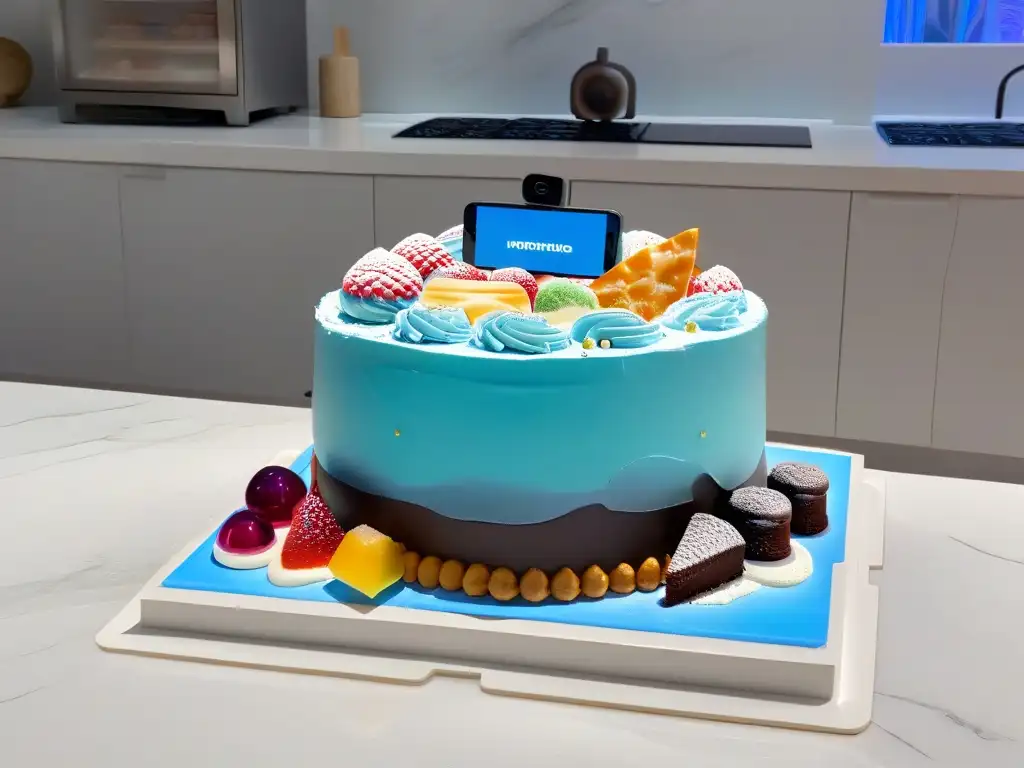 Realidad aumentada pastelera: headset futurista y dulces coloridos Un festín visual de técnicas de repostería avanzadas en realidad aumentada con auriculares futuristas y pasteles coloridos