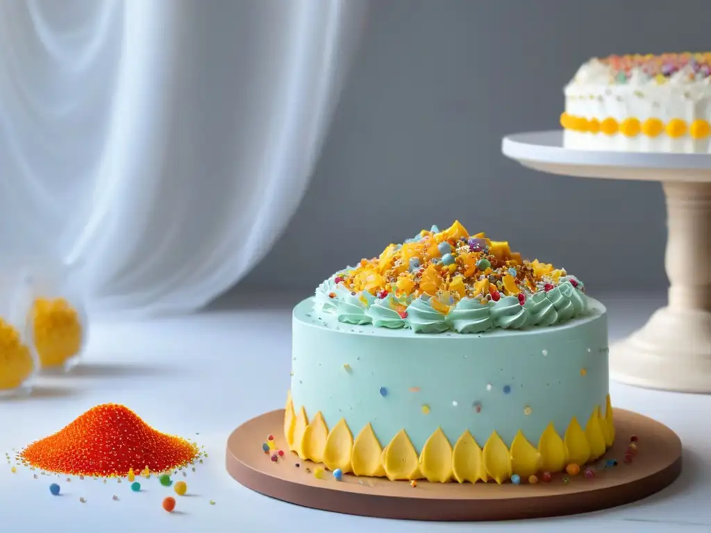 Una festiva composición de decoraciones comestibles para postres en vibrantes colores y formas, iluminadas suavemente