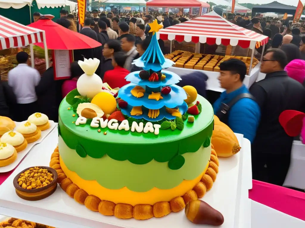 Un festival global de pastelería vegana con delicias de todo el mundo, en un ambiente vibrante con gente y coloridos puestos de comida