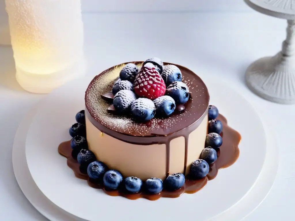 Festival de postres: experiencia prepararte con este elegante postre de chocolate, oro y frutas vibrantes en plato blanco moderno