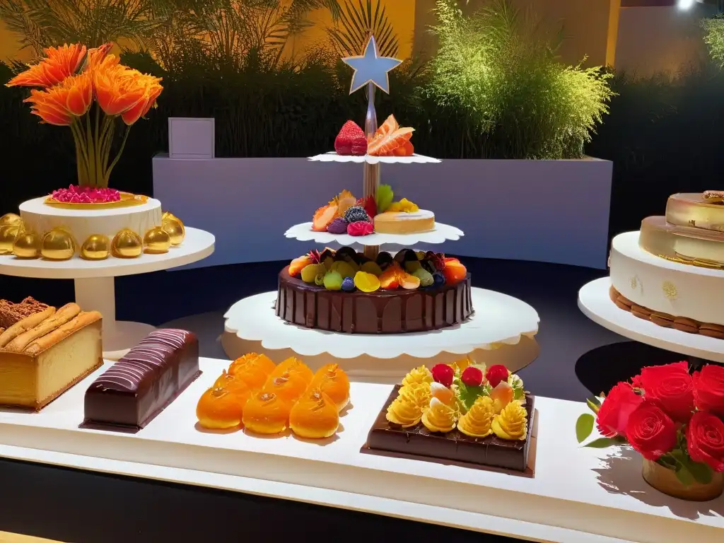 Festival de Postres: Tradición y Modernidad en un Mundo Dulce Un festival de postres tradicionales y modernos: una mesa repleta de delicias exquisitas, rodeada de asistentes felices y coloridos