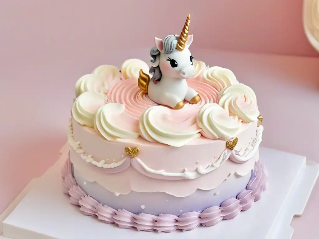 Una figura de unicornio comestible en 3D, detallada y elegante sobre una base de fondant pastel