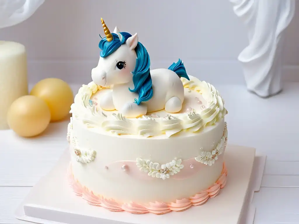 Una figura de unicornio 3D comestible detallada en un topper de pastel, con una melena brillante y ojos realistas