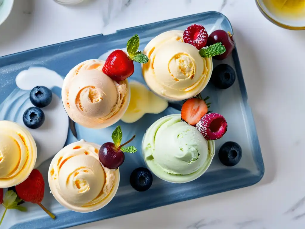 Una fila elegante de helados keto caseros con frutas y sirope sin azúcar