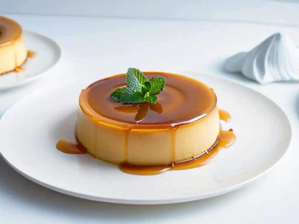 Un flan casero con textura perfecta y delicada decoración de hoja de menta en un elegante plato blanco
