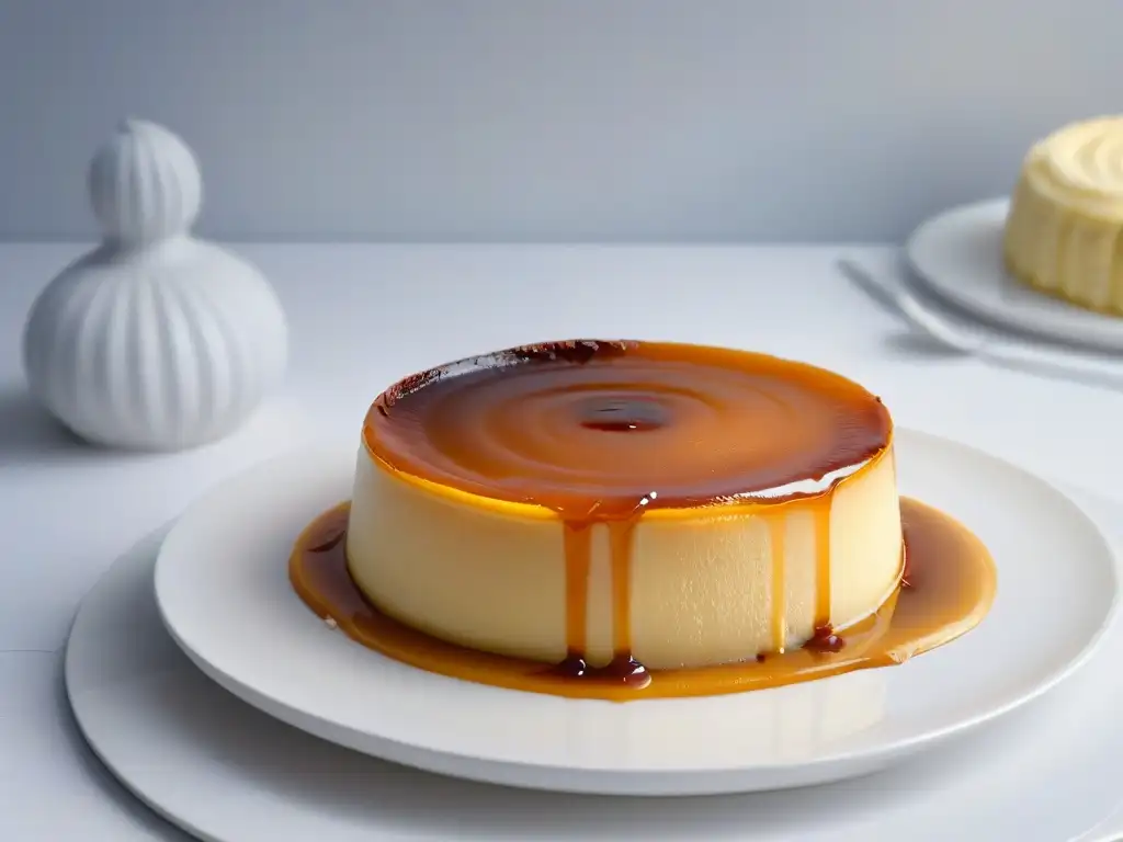 Exquisito flan dorado con caramelo en plato blanco Un flan dorado y brillante en un plato blanco, con textura cremosa y caramelo
