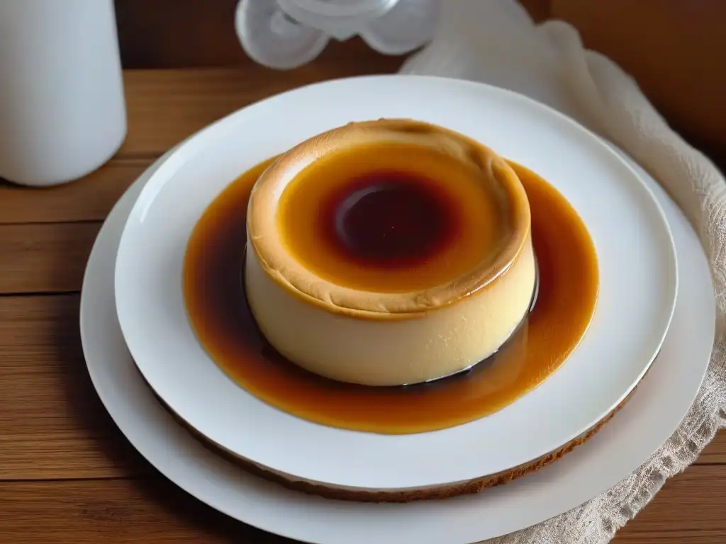 Flan de caramelo: tentación dorada en porcelana blanca Un flan dorado y brillante sobre plato blanco, en mesa de madera rústica