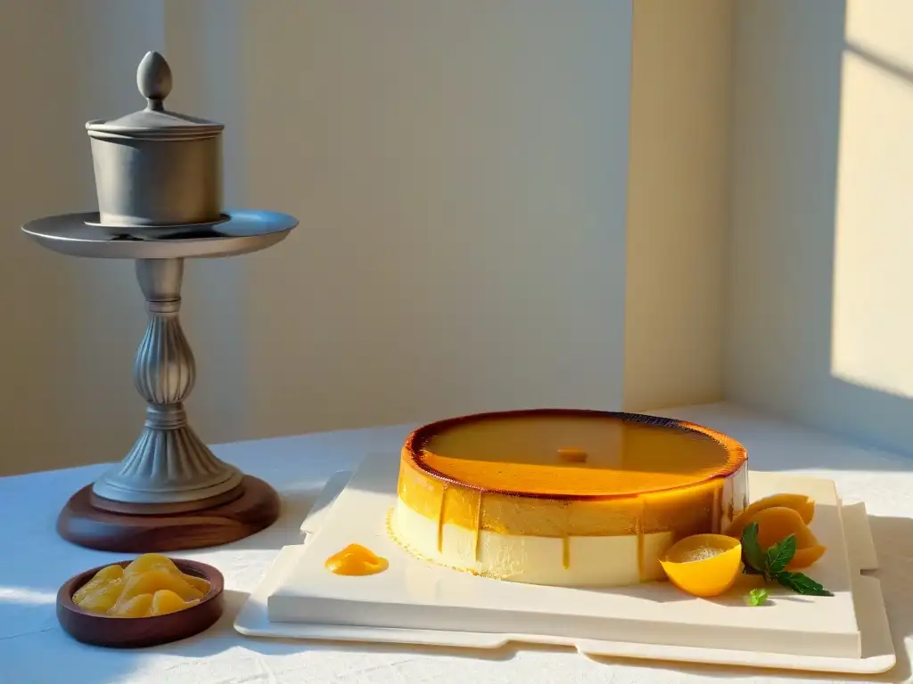 Un flan dorado y perfectamente caramelizado en una cocina romana antigua, evocando la historia del flan en la Roma antigua