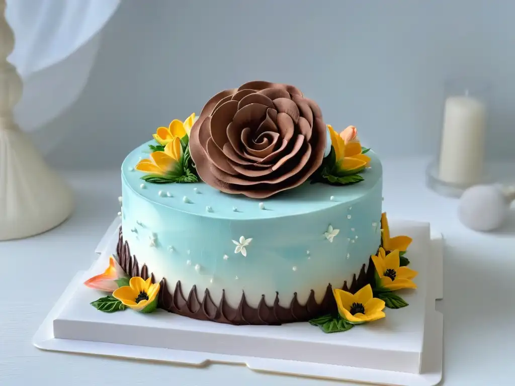 Una flor de azúcar artesanal con pétalos detallados en pasteles, sobre un exquisito pastel de chocolate