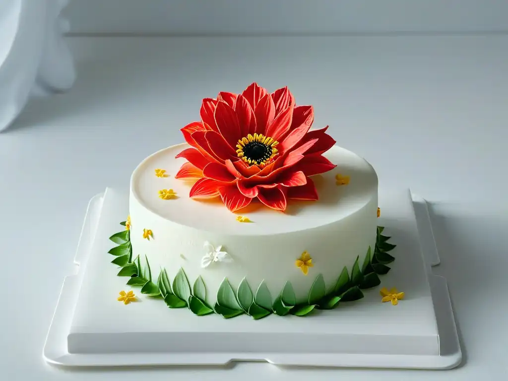 Exquisita flor de azúcar: detalles vibrantes y sutiles Flor de azúcar artesanal en plato blanco, detalle y colores vibrantes, Comercio Justo repostería ética