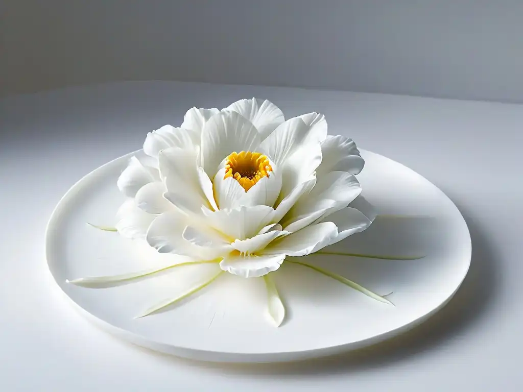 Una flor de azúcar delicada y detallada descansa en un plato de porcelana blanca, exhibiendo una transparencia realista