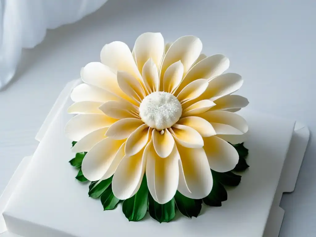 Una flor de azúcar detallada y delicada hecha de papel comestible, destacando la creatividad en repostería