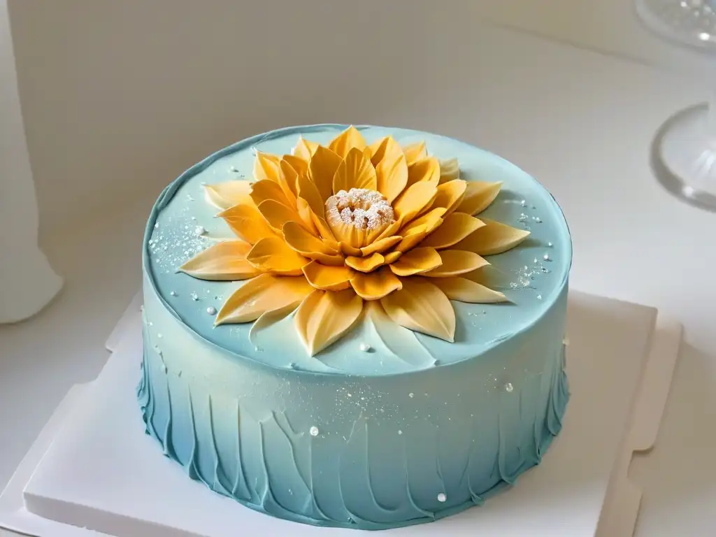 Una flor de azúcar detallada y elegante en una tarta decorada con precisión, representando la historia Lara Gilmore repostería artística