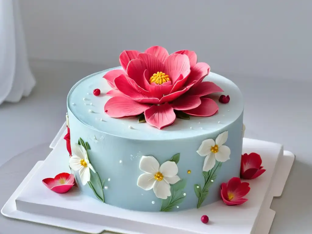 Una flor de azúcar delicadamente detallada en una elegante tarta de fondant, demostrando técnicas innovadoras repostería globales