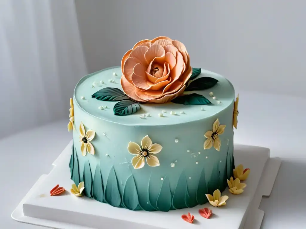 Una flor de azúcar detallada descansa en una tarta blanca impecable, mostrando innovación en técnicas de repostería