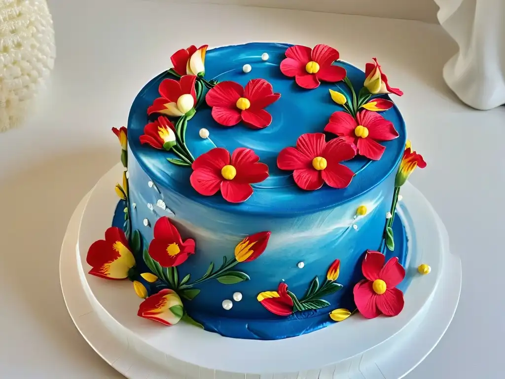 Una flor comestible pintada a mano en una elegante tarta blanca