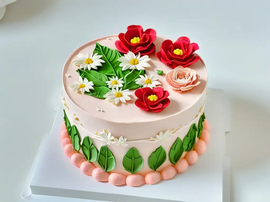 Decoración floral detallada en una tarta rosa pálido resalta las técnicas de piping con manga