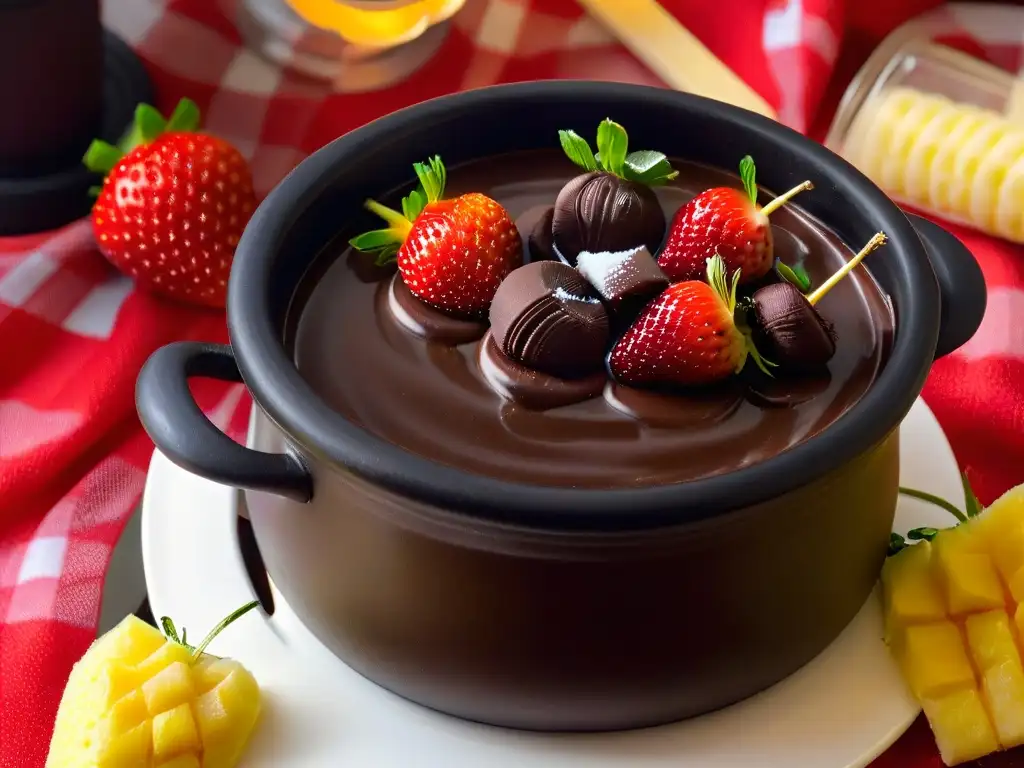 Una fondue de chocolate perfecta en un elegante recipiente negro rodeado de frutas frescas y malvaviscos esponjosos, iluminado cálidamente