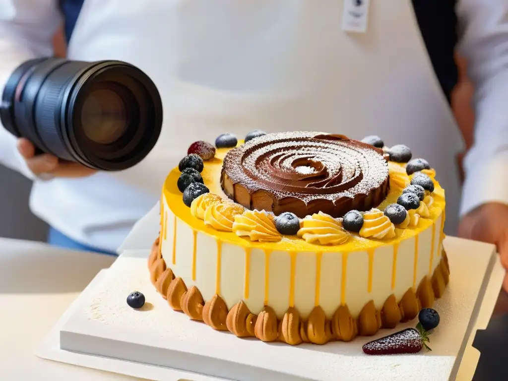 Captura profesional de pastel decorado en concurso de repostería Fotógrafo profesional capturando un closeup de un pastel decorado en concurso de repostería