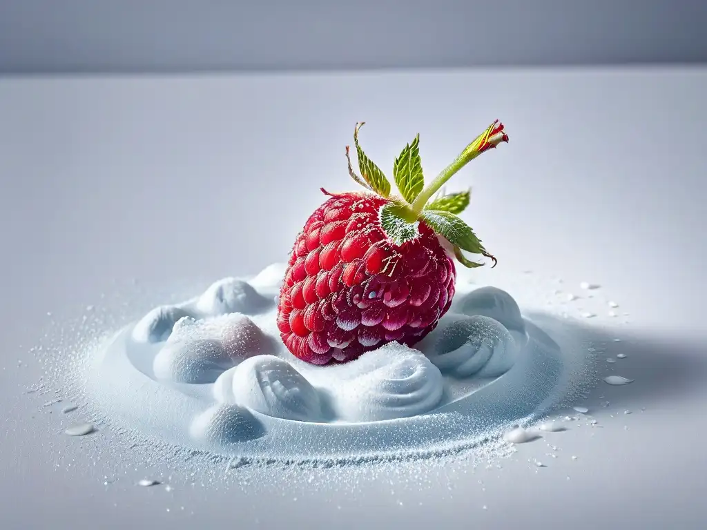 Una frambuesa roja perfecta sobre azúcar blanco, reflejando la frescura natural, historia repostería Christian Escribà