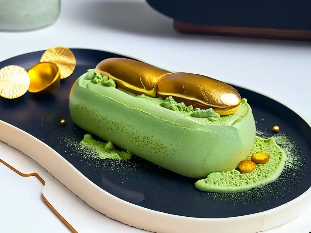 Un éclair francés fusionado con matcha japonés, decorado con crema verde y polvo de matcha, sobre un elegante plato negro