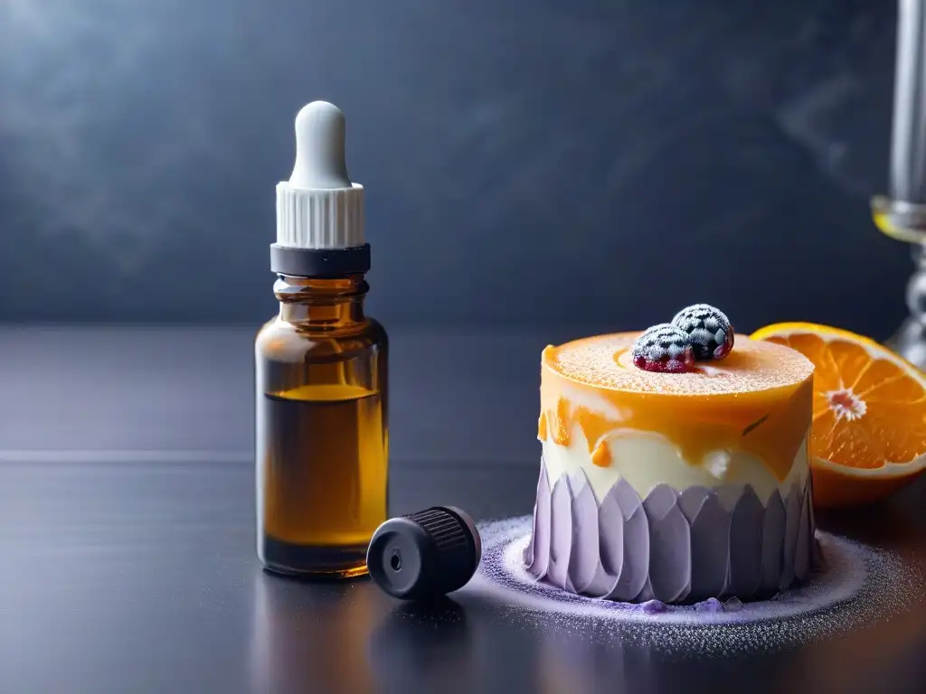 Mezcla vibrante: aceites esenciales y vainilla en 8k Frasco de aceites esenciales comestibles repostería: mezcla de colores vibrantes y esencia aromática en una imagen ultra detallada
