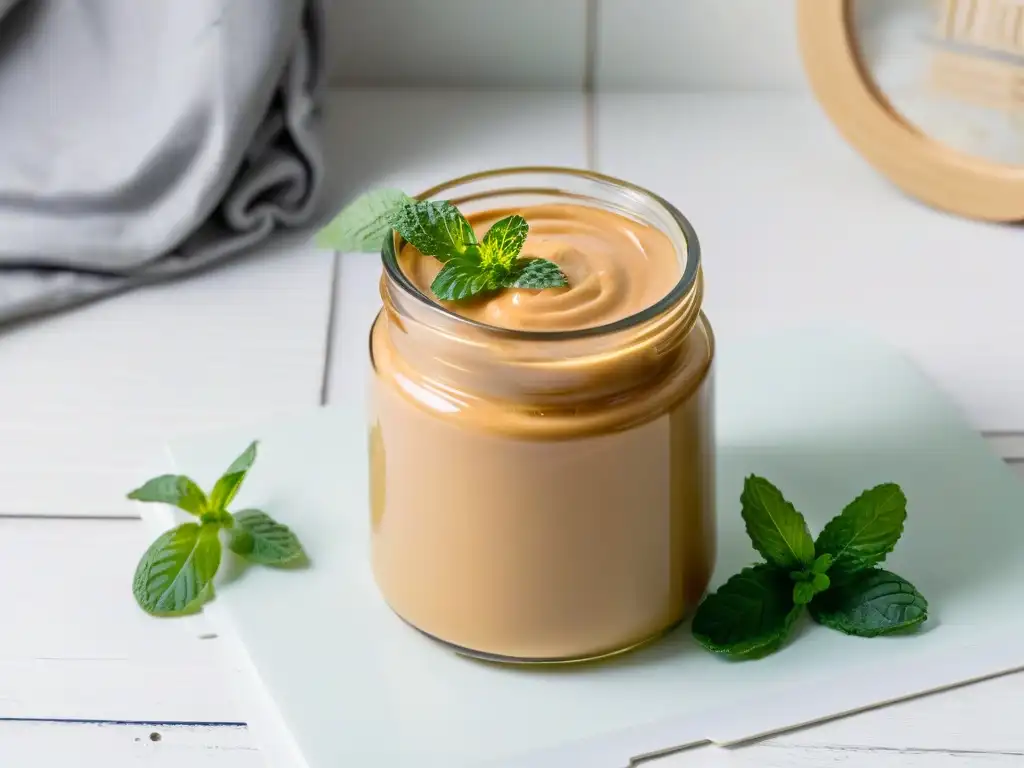 Un frasco de vidrio con dulce de leche saludable y menta fresca, sobre una mesa de madera clara