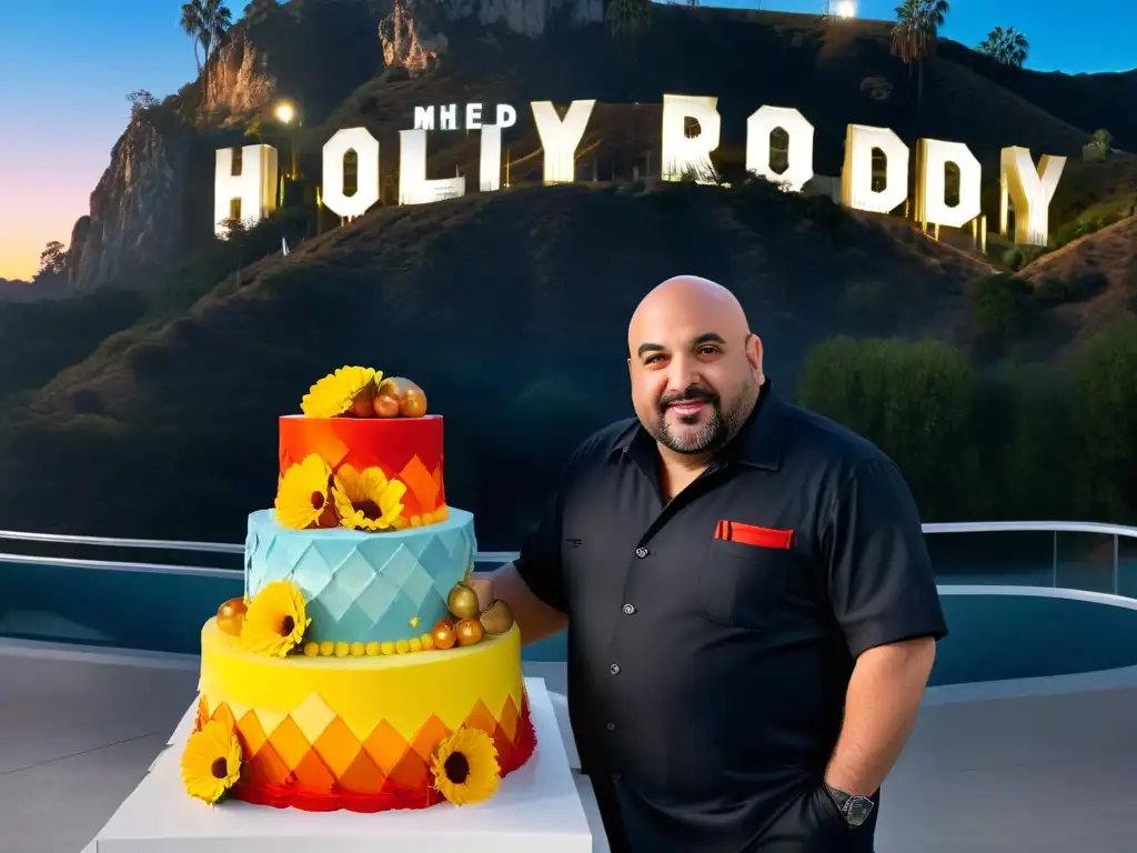 Duff Goldman: Maestro de la Repostería frente a la Hollywood de Torta Duff Goldman frente a la señal de Hollywood hecha de pasteles, reflejando su historia en repostería Hollywood