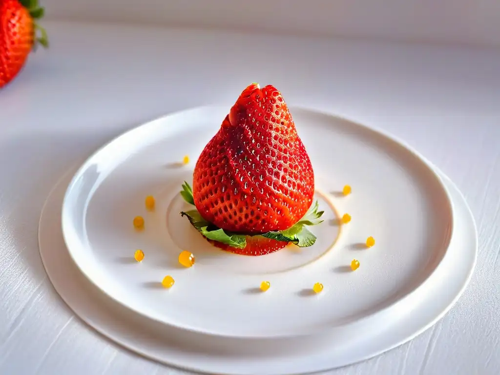 Una fresa fresca y madura sobre un plato blanco, destacando su color rojo vibrante y textura jugosa