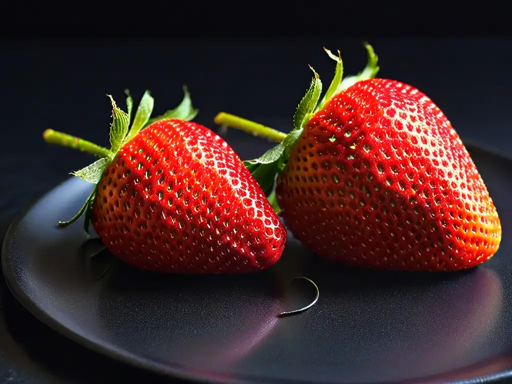 Una fresa jugosa y fresca sobre un plato negro, lista para ser utilizada en productos orgánicos para repostería