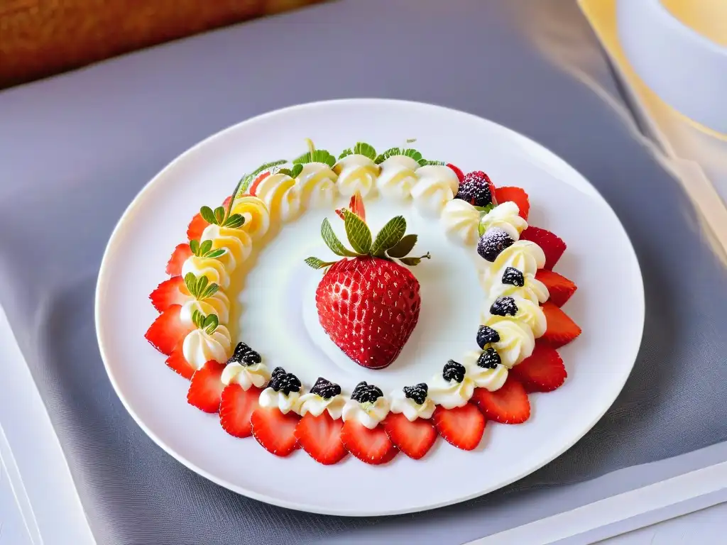 Una fresa madura cubierta de diminutas esferas brillantes de caviar de frutas, en un plato blanco moderno