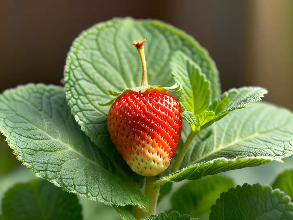 Una fresa madura sobre hojas de menta fresca, resaltando la belleza natural de estos ingredientes éticos para repostería y reducción de desperdicio