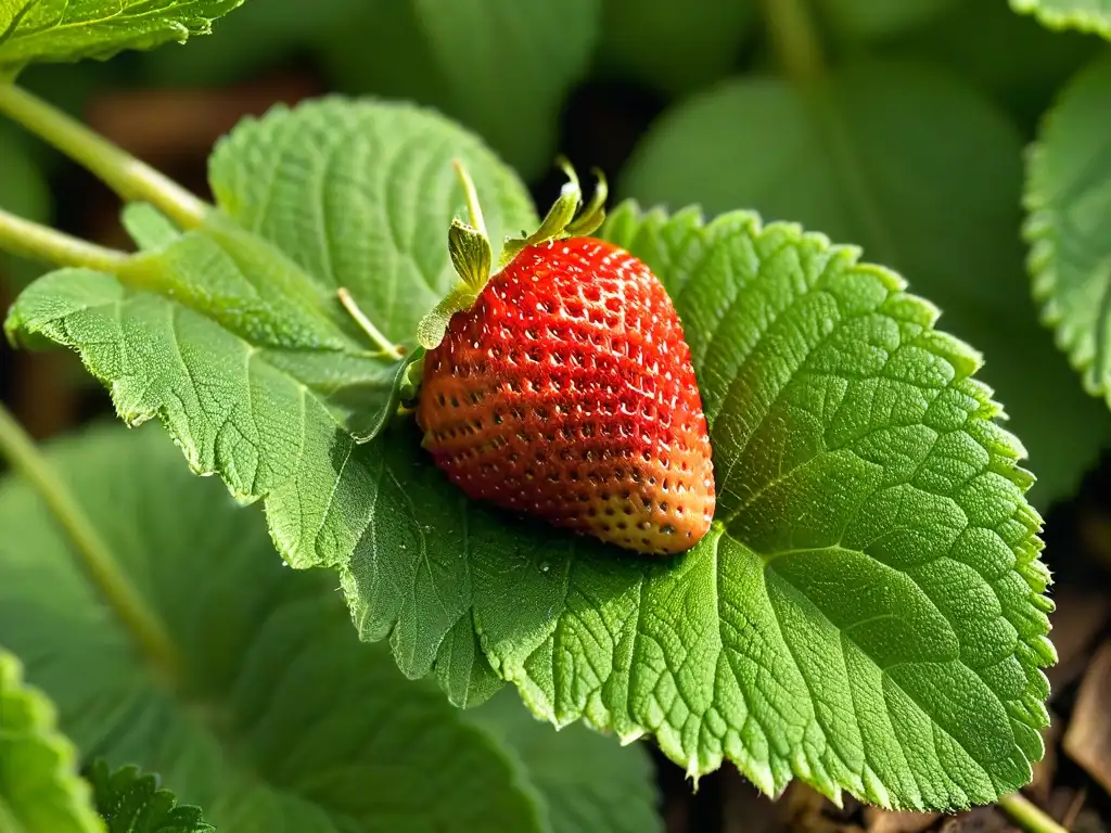 Una fresa madura sobre hojas de menta fresca, destacando la belleza natural y frescura de estos productos orgánicos para repostería