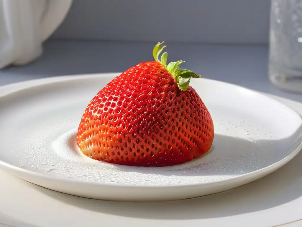 Una fresa madura sobre un plato blanco, con gotas de agua brillantes