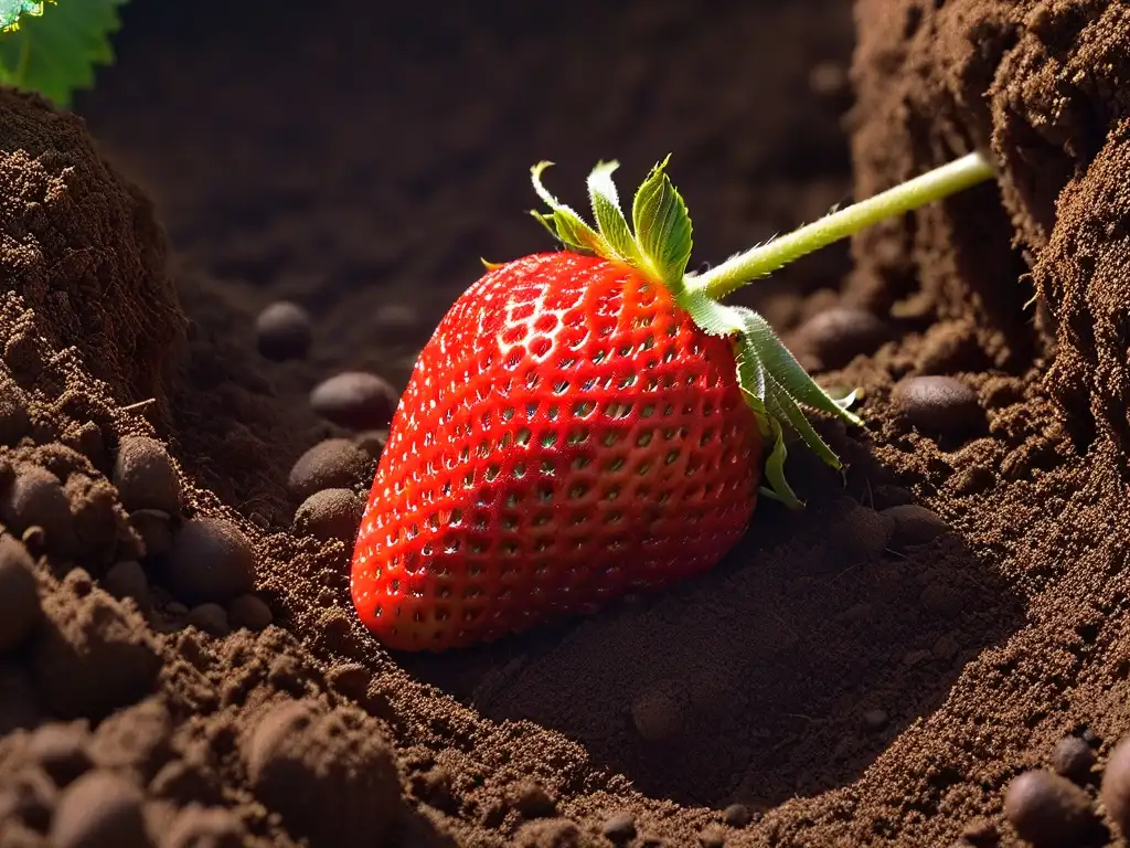 Una fresa madura y vibrante sobre tierra oscura, destacando la belleza natural