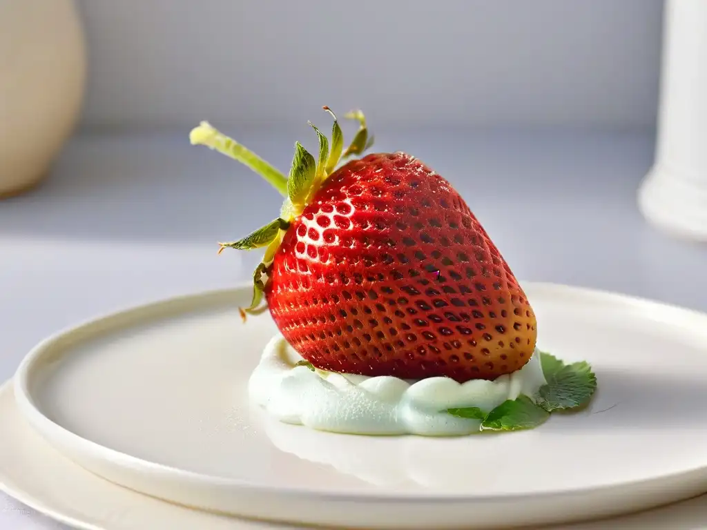 Deliciosa fresa roja en plato blanco: frescura y belleza Una fresa roja y brillante con gotas de rocío, sobre un plato blanco