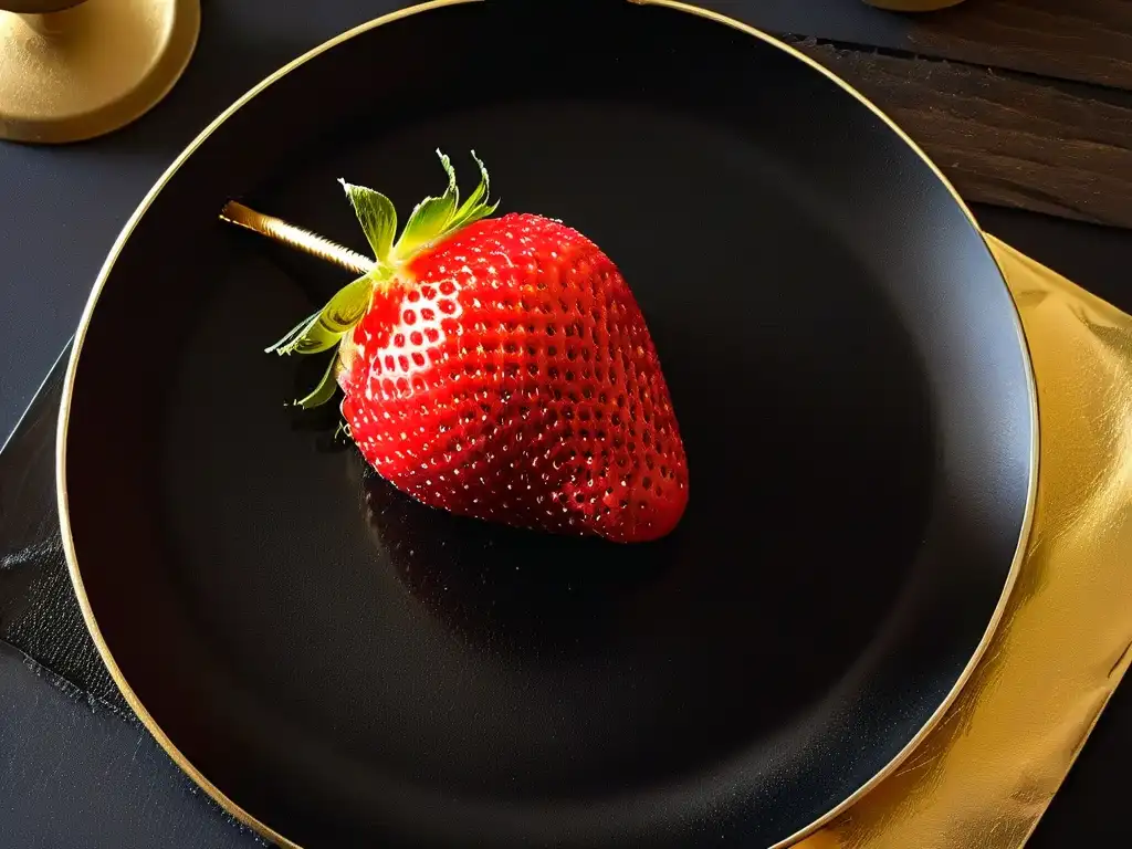 Una fresa roja brillante con pintura comestible dorada, sobre un plato negro mate