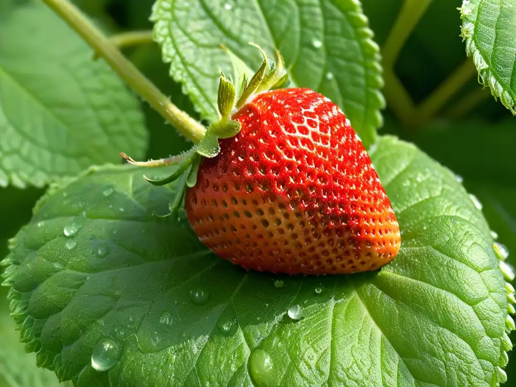 Una fresa roja vibrante reposa sobre hojas de menta fresca en un huerto soleado, resaltando la frescura de ingredientes locales para repostería