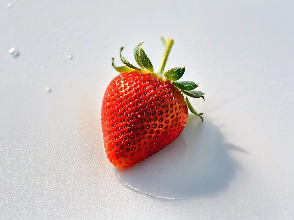 Una fresa roja vibrante y perfectamente madura con gotas de agua brillantes, en un fondo blanco