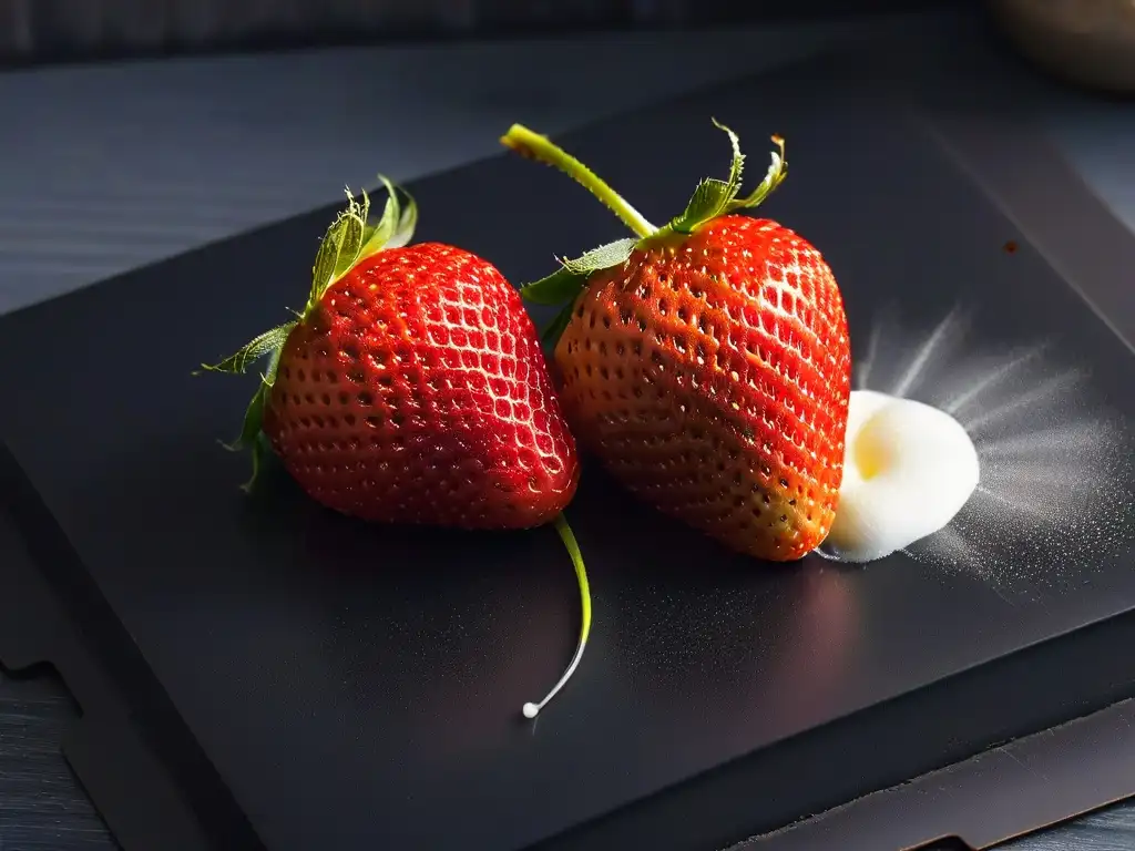 Dos fresas perfectamente maduras, una con miel natural y la otra con edulcorante artificial, en contraste en una superficie negra mate