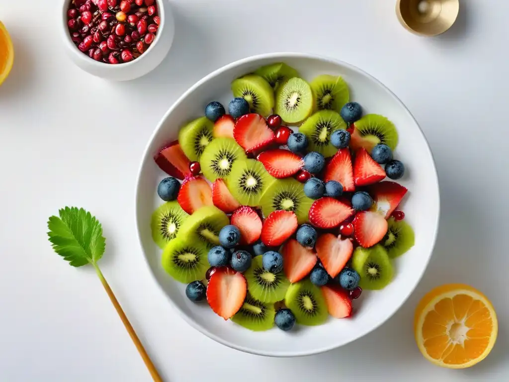 Ensalada de frutas frescas: colorida armonía en cerámica blanca Un fresco y colorido postre de frutas en un bol blanco, resplandeciendo frescura