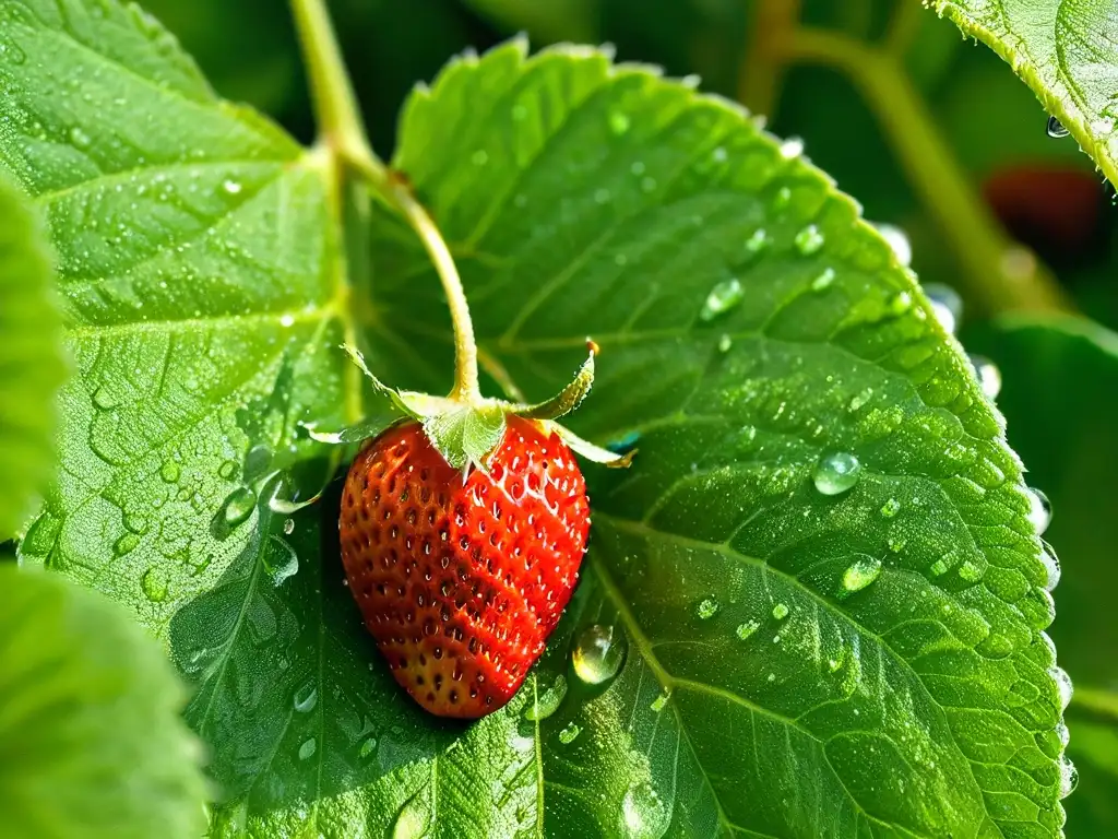 Frescura y belleza natural de una fresa madura sobre hojas verdes, con gotas de agua, perfecta para técnicas cero desperdicio repostería