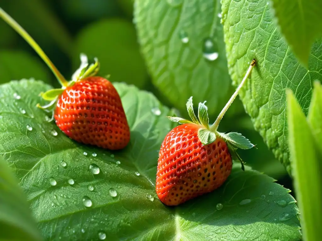 Frescura de la naturaleza: fresa roja sobre hojas verdes con gotas de agua, destellos de sol