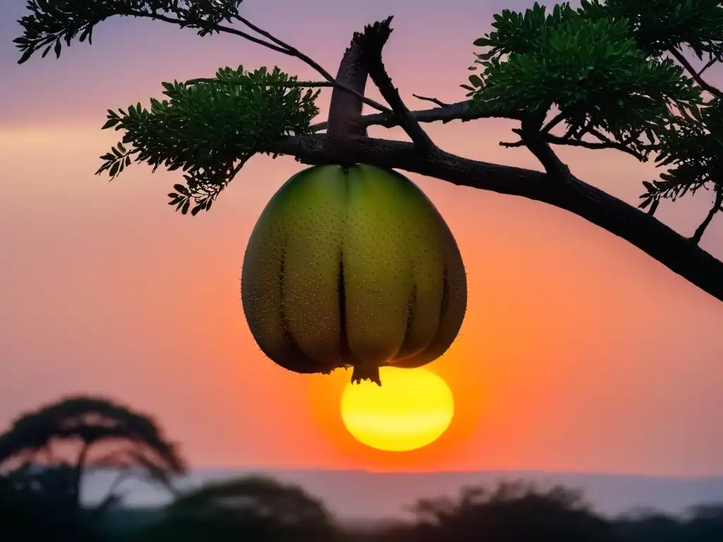 Fruta baobab madura colgando de un árbol al atardecer en África, resaltando su forma y textura para postres africanos