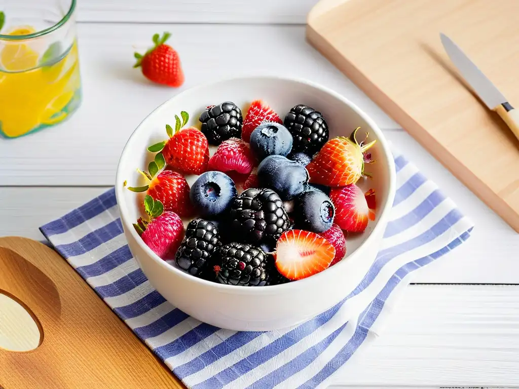 Frutas frescas para endulzar postres diabéticos: fresas, arándanos, frambuesas y moras en un bol blanco sobre mesa de madera clara