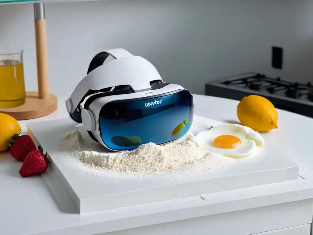 Una fusión cautivadora: un moderno visor de Realidad Virtual en la repostería, rodeado de ingredientes coloridos y naturales en una encimera de cocina