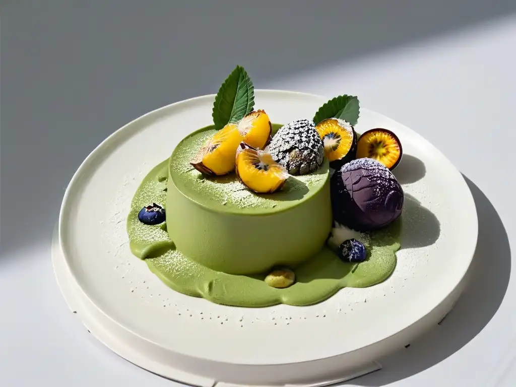 Una fusión de sabores en repostería: postre moderno con matcha, lavanda y maracuyá, en un elegante plato