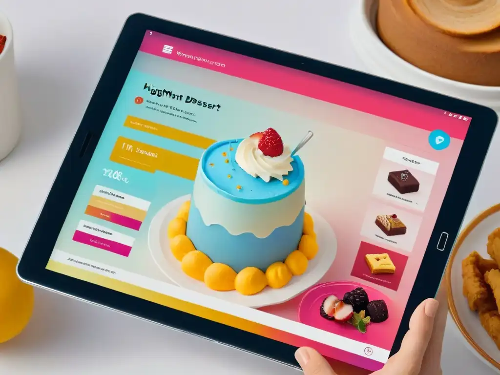 Diseño futurista de app de postres en tablet: colores pastel, controles intuitivos y opciones creativas