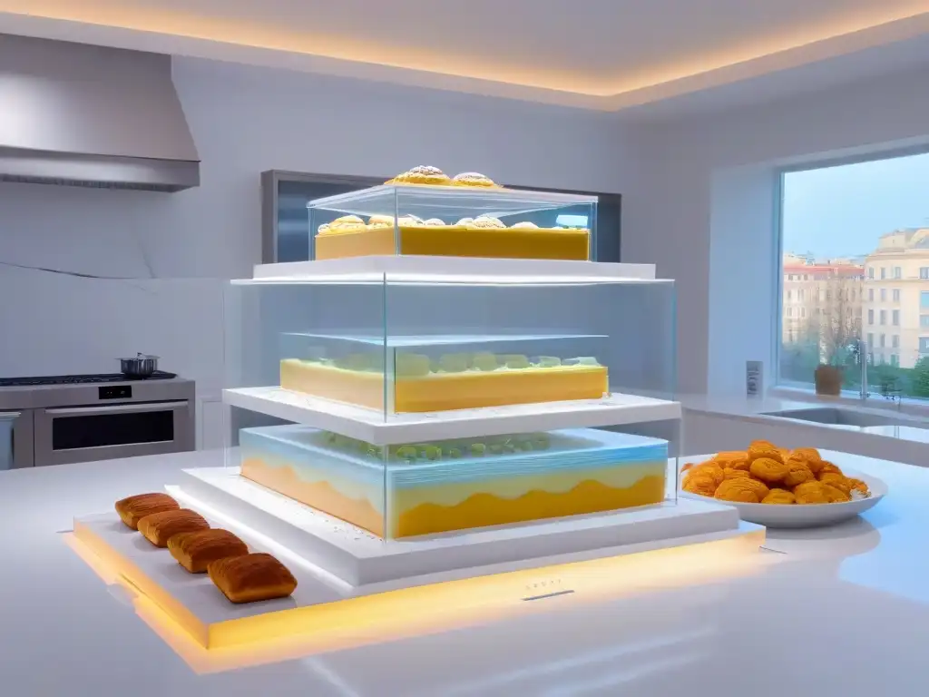 Futurista cocina con hologramas de recetas de repostería en Realidad Aumentada educación culinaria